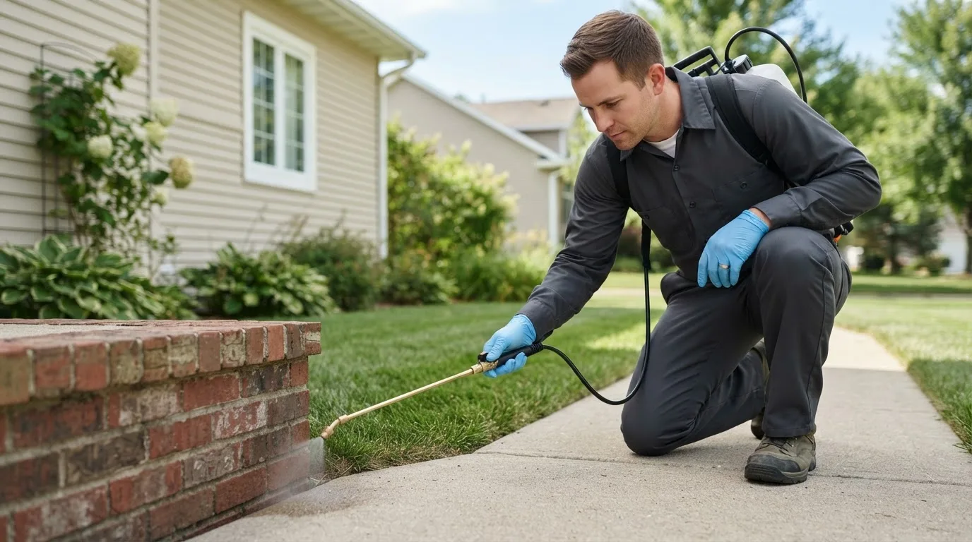 Pest control technician treating a home near Mcgregor, ND